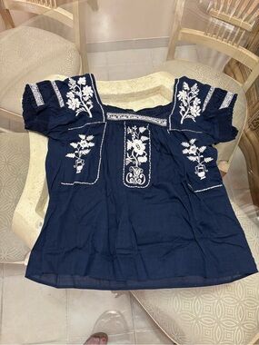 Embroidered Navy Women’s Peasant Top